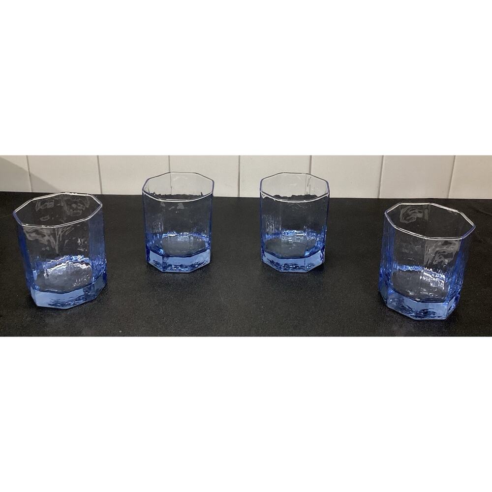 Set of 4 Vintage Libbey Facet Glasses Blue Octagon 3.25”